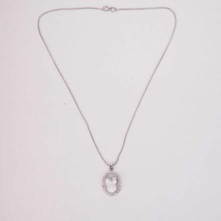 Rhodium Plated Round Pendant Necklace with Faceted Statement Stone