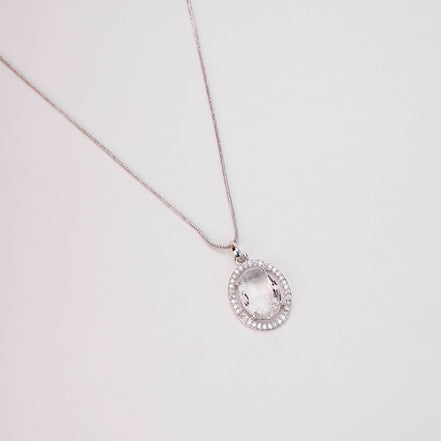 Rhodium Plated Round Pendant Necklace with Faceted Statement Stone