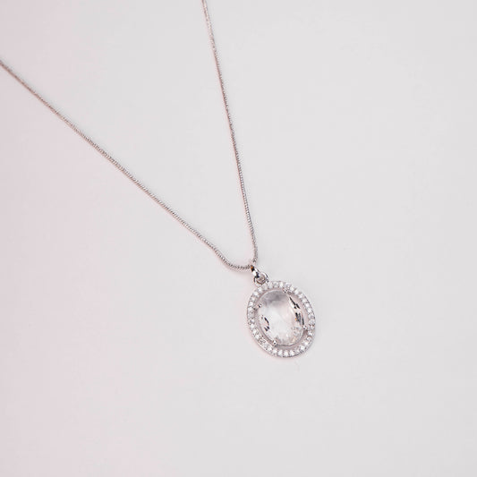Oval Halo Design Rhodium-Plated Pendant with chain