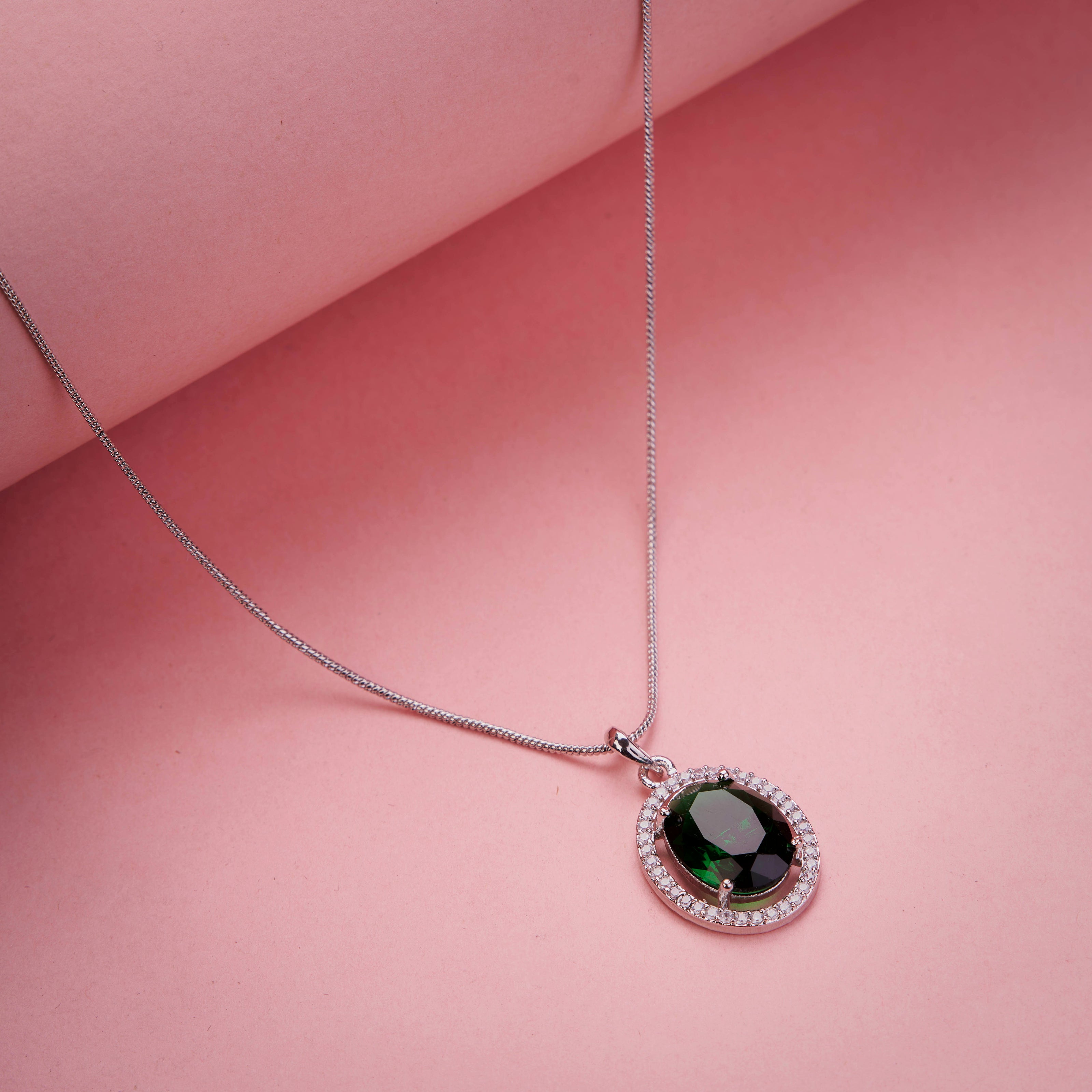 Oval Halo Design Rhodium-Plated Pendant with chain-Crystal Green