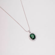 Oval Halo Design Rhodium-Plated Pendant with chain-Crystal Green