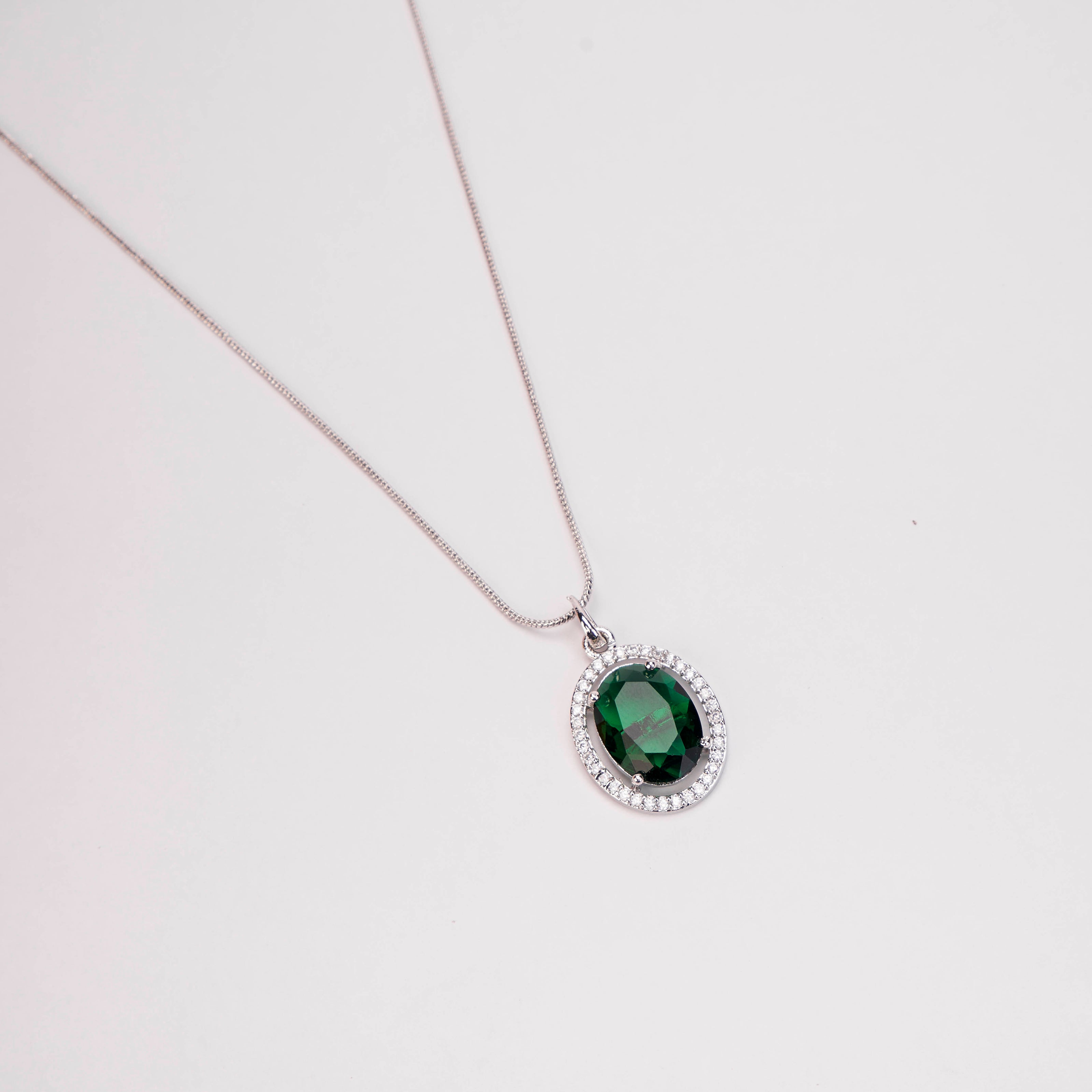 Oval Halo Design Rhodium-Plated Pendant with chain-Crystal Green