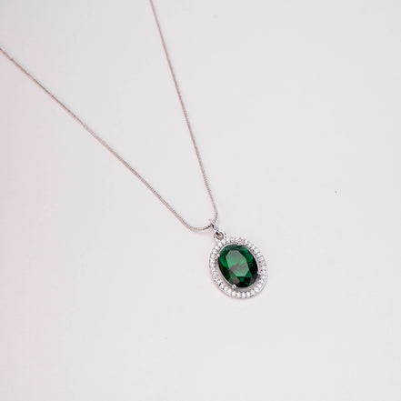 Oval Halo Design Rhodium-Plated Pendant with chain-Crystal Green