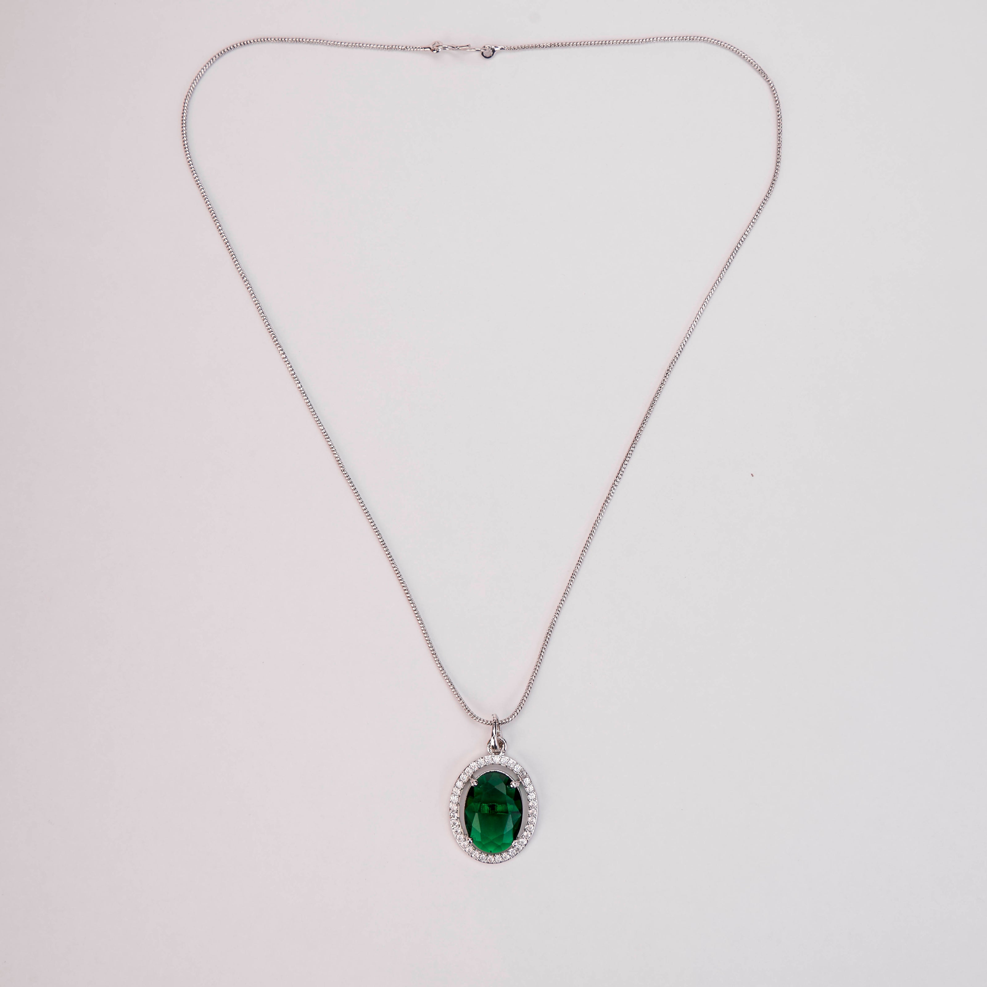Oval Halo Design Rhodium-Plated Pendant with chain-Crystal Green