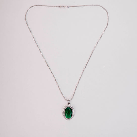 Oval Halo Design Rhodium-Plated Pendant with chain-Crystal Green