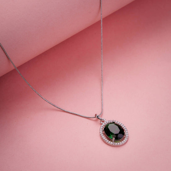 Oval Halo Design Rhodium-Plated Pendant with chain-Crystal Green