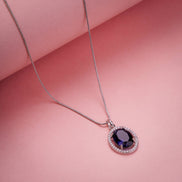 Oval Halo Design Rhodium-Plated Pendant with chain-Crystal Blue