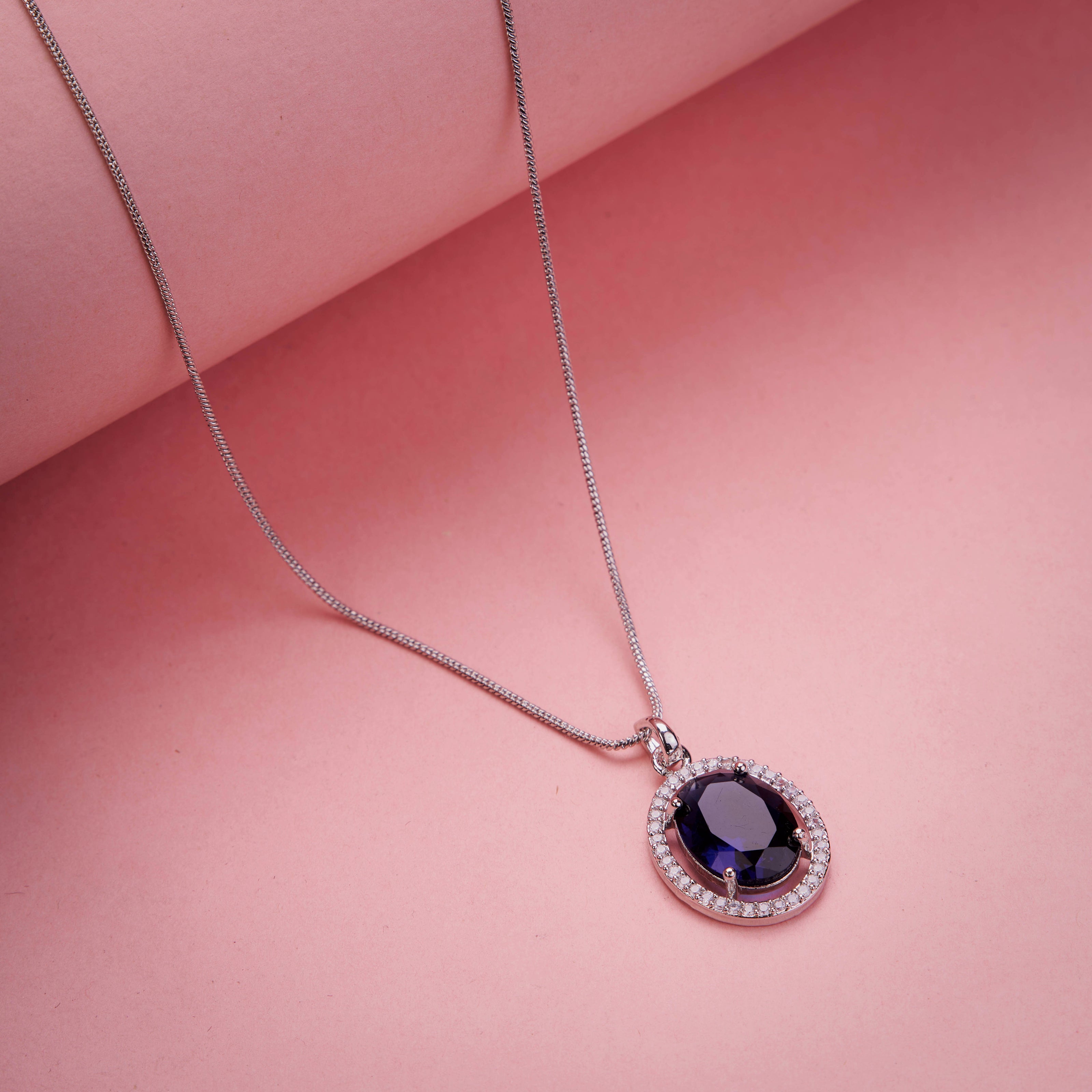 Oval Halo Design Rhodium-Plated Pendant with chain-Crystal Blue