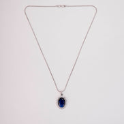 Oval Halo Design Rhodium-Plated Pendant with chain-Crystal Blue