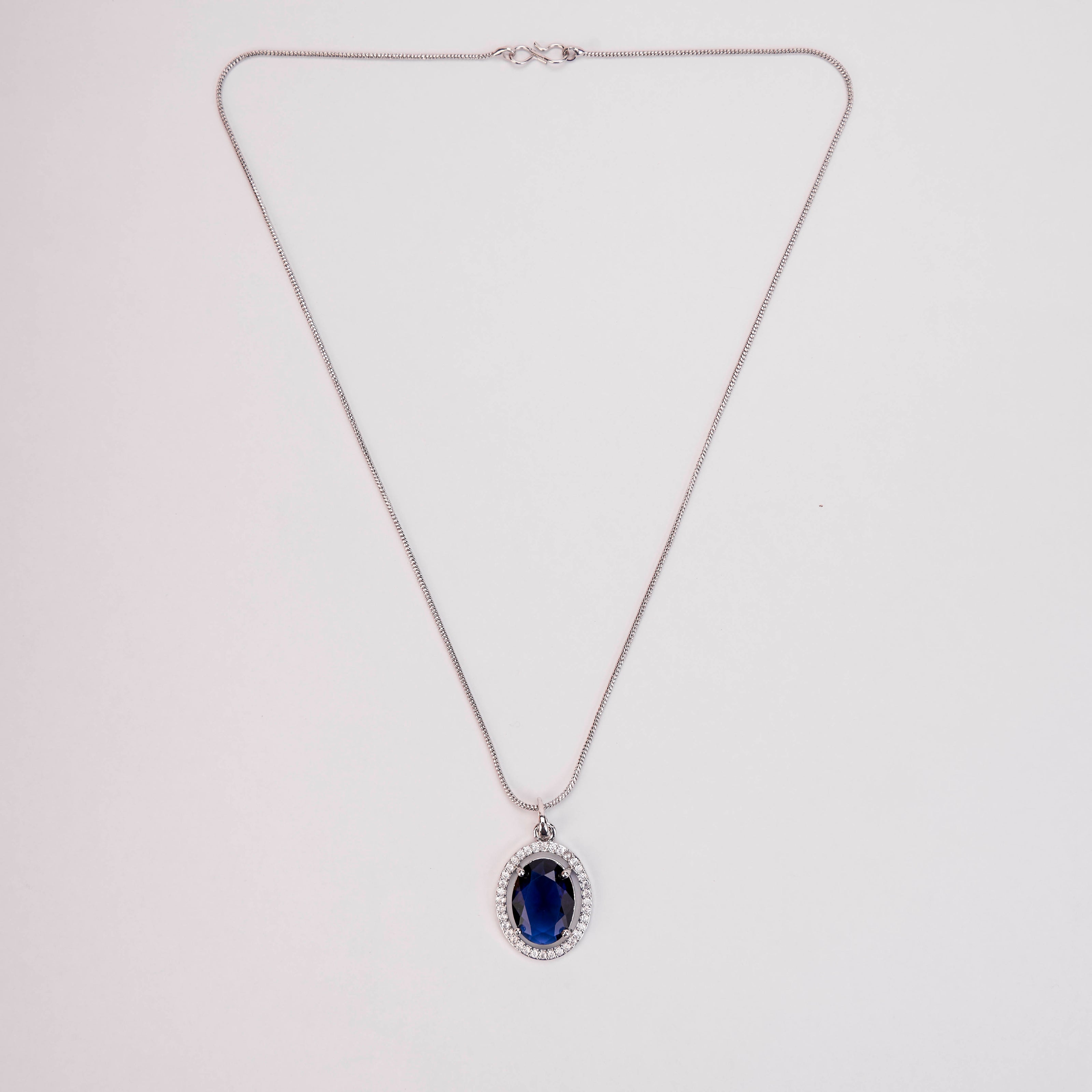 Oval Halo Design Rhodium-Plated Pendant with chain-Crystal Blue