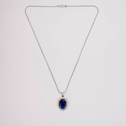 Oval Halo Design Rhodium-Plated Pendant with chain-Crystal Blue