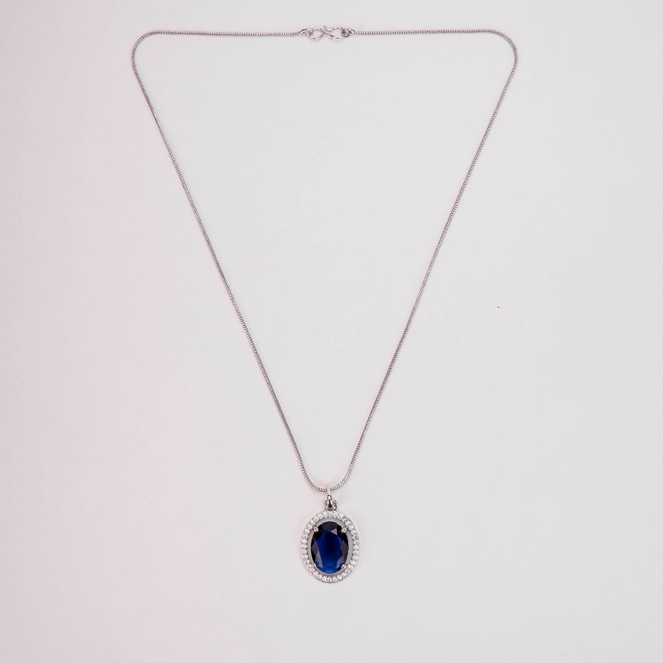Rhodium Plated Round Pendant Necklace with Faceted Statement Stone