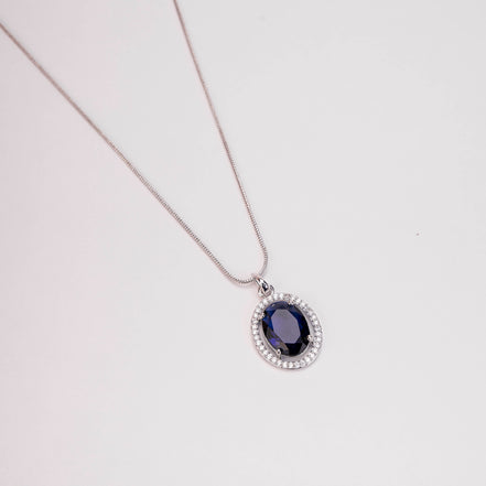 Oval Halo Design Rhodium-Plated Pendant with chain-Crystal Blue