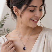 Oval Halo Design Rhodium-Plated Pendant with chain-Crystal Blue
