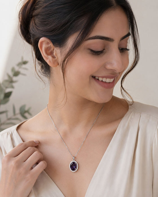 Oval Halo Design Rhodium-Plated Pendant with chain-Crystal Blue