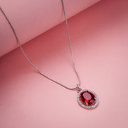 Rhodium Plated Round Pendant Necklace with Faceted Statement Stone
