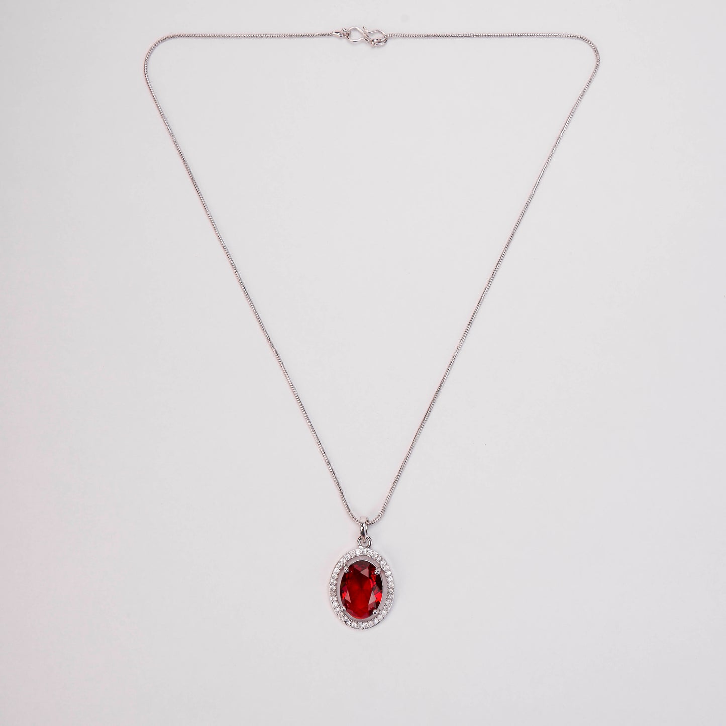 Oval Halo Design Rhodium-Plated Pendant with chain-Crystal Red