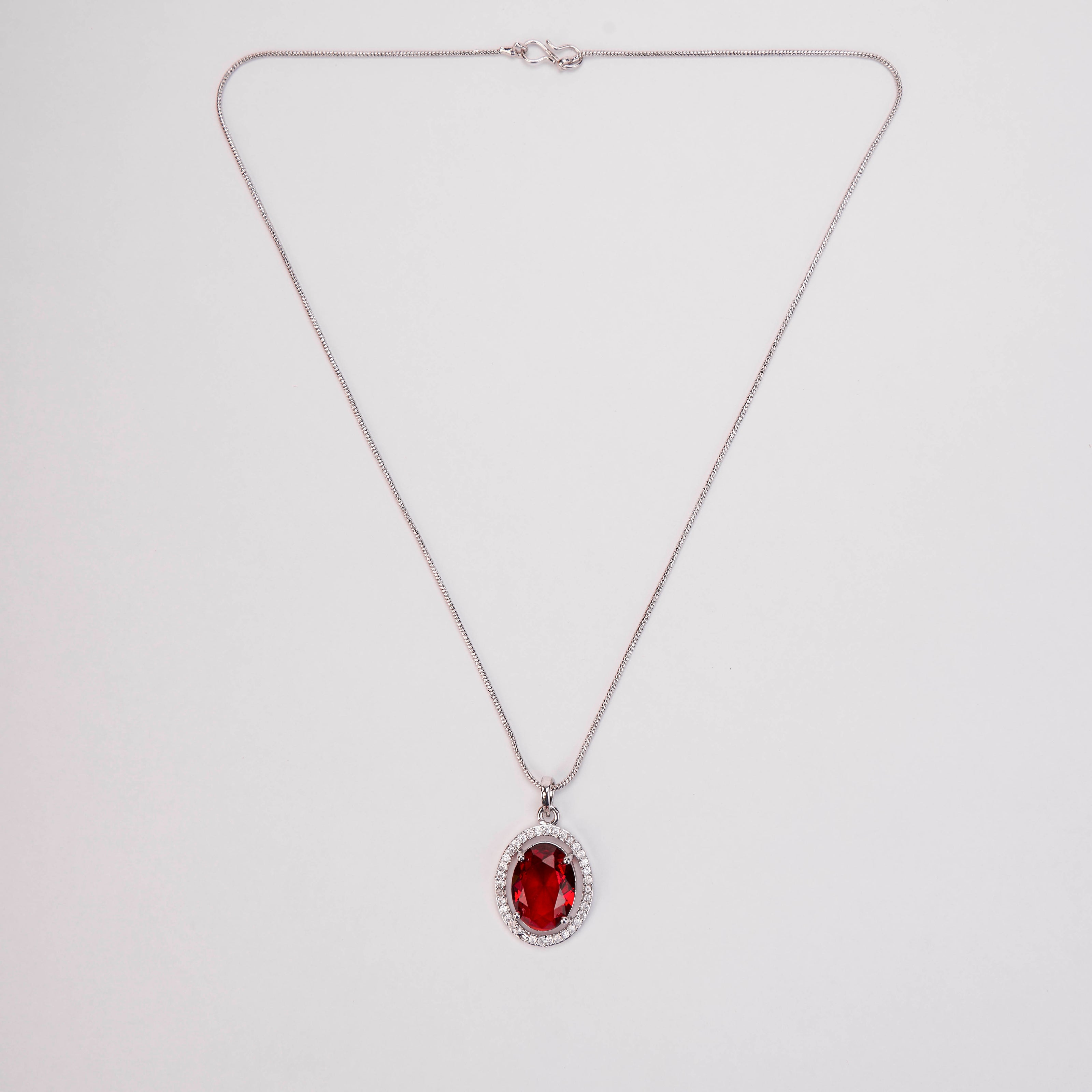 Rhodium Plated Round Pendant Necklace with Faceted Statement Stone