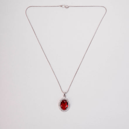 Rhodium Plated Round Pendant Necklace with Faceted Statement Stone