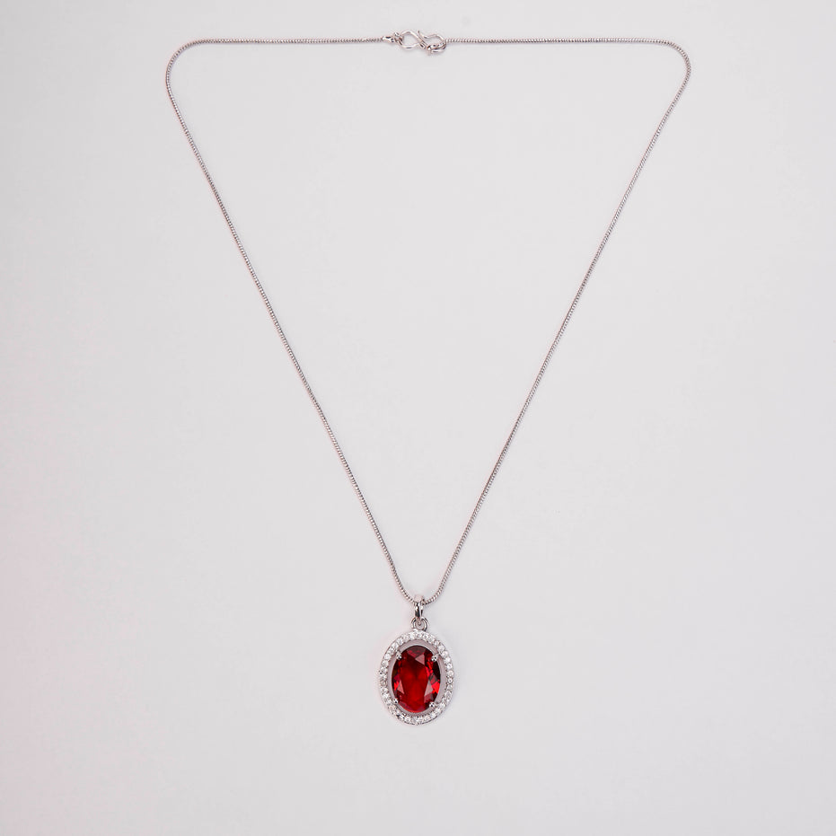 Rhodium Plated Round Pendant Necklace with Faceted Statement Stone