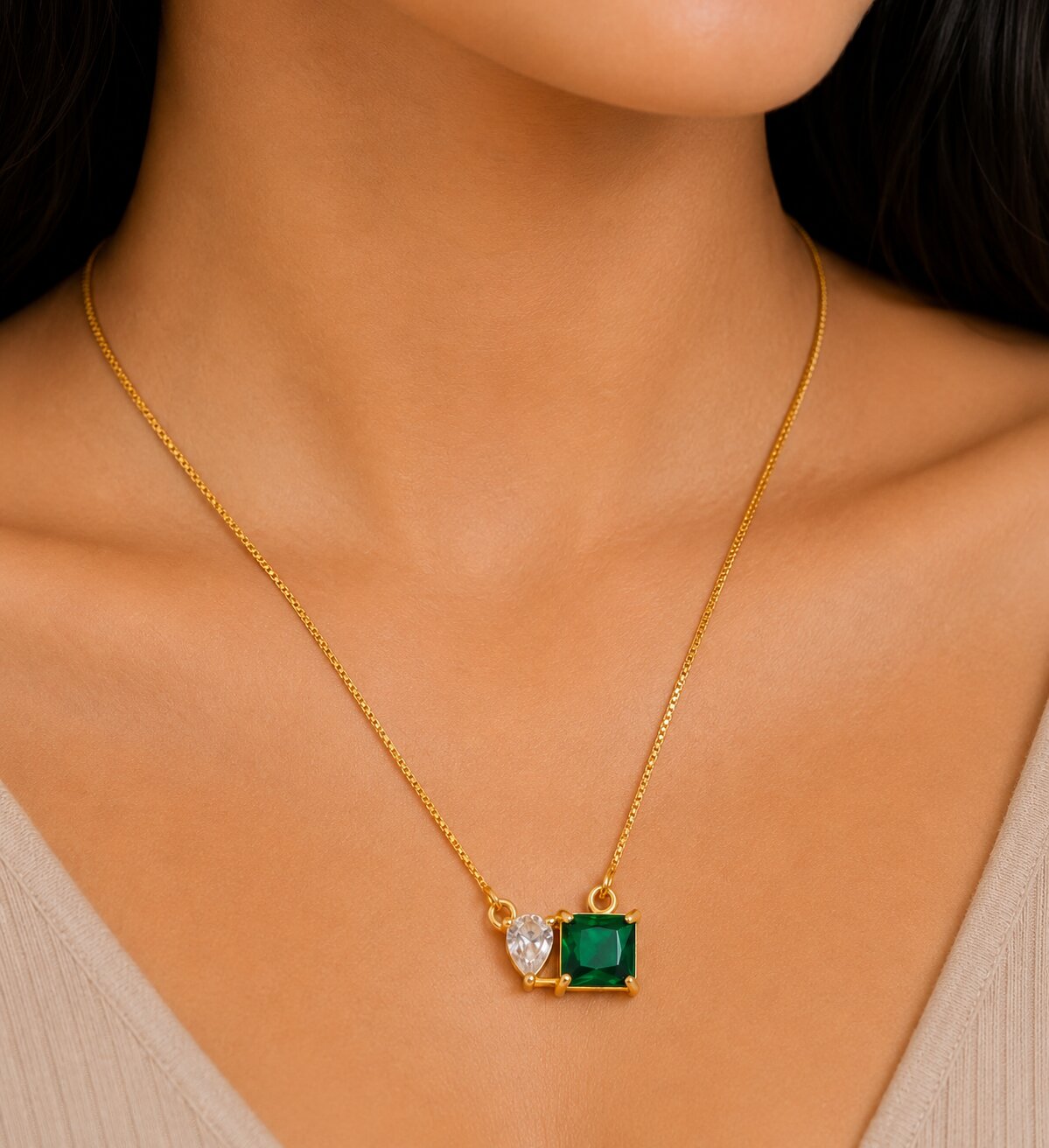 Square Crystal Locket Necklace with Heart Stone Accent