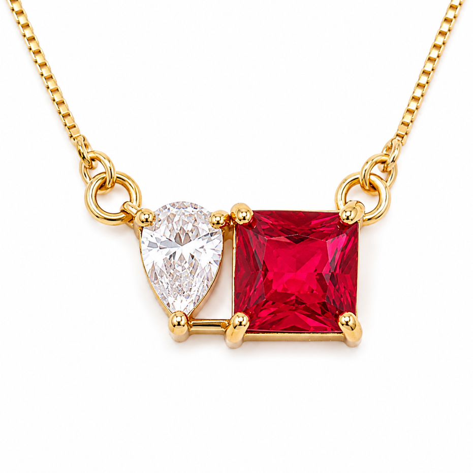 Square Crystal Locket Necklace with Heart Stone Accent