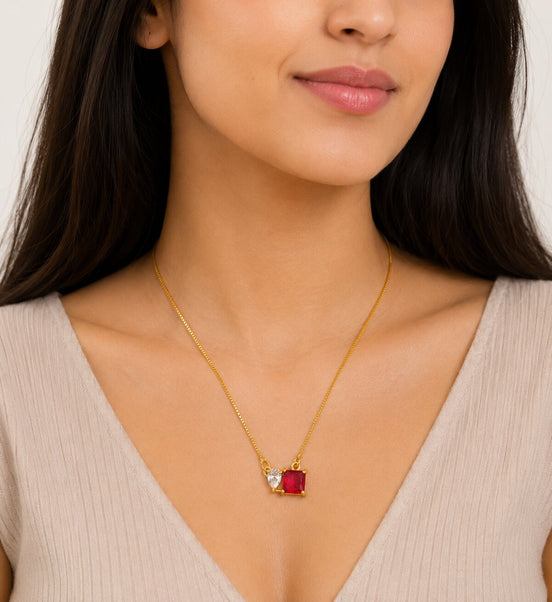 Square Crystal Locket Necklace with Heart Stone Accent