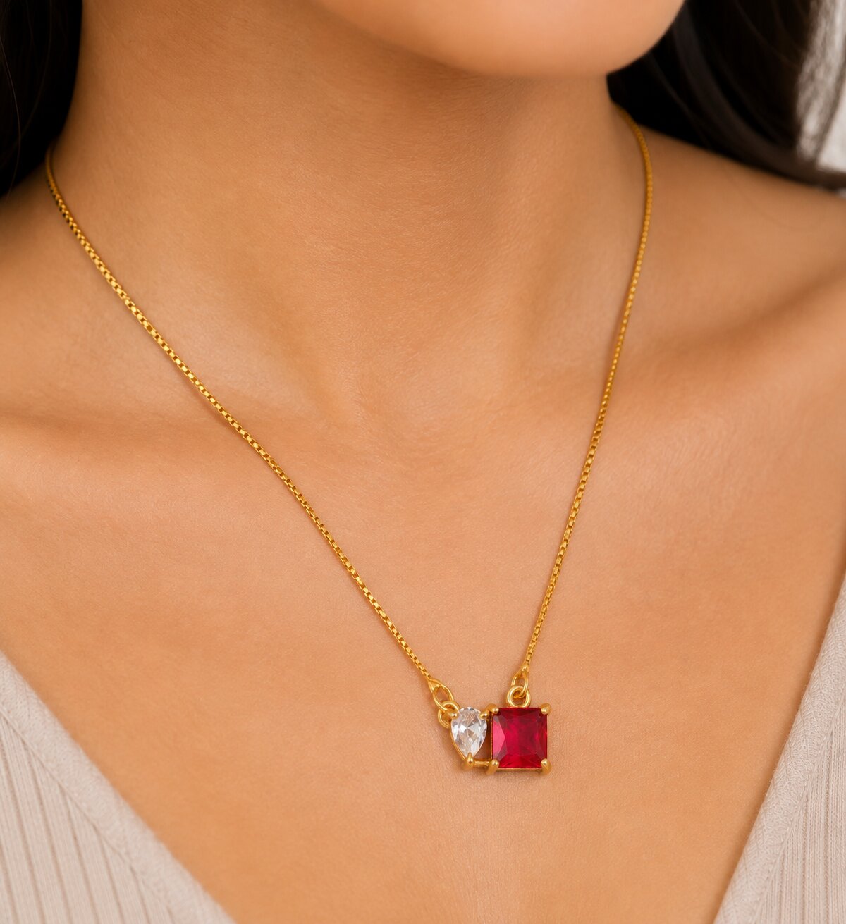 Square Crystal Locket Necklace with Heart Stone Accent