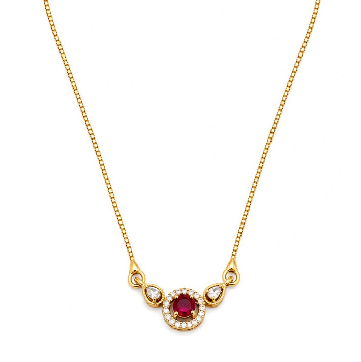 Round Ruby Pendant Necklace with Teardrop CZ Accents