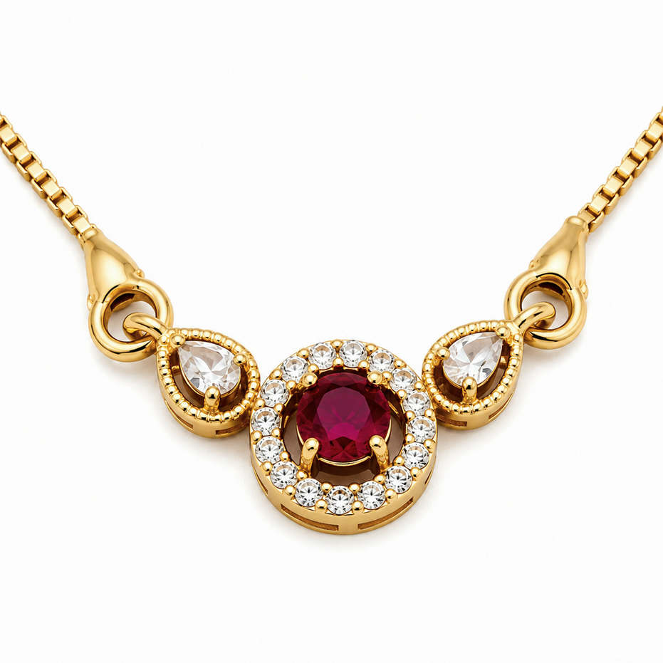 Round Ruby Pendant Necklace with Teardrop CZ Accents