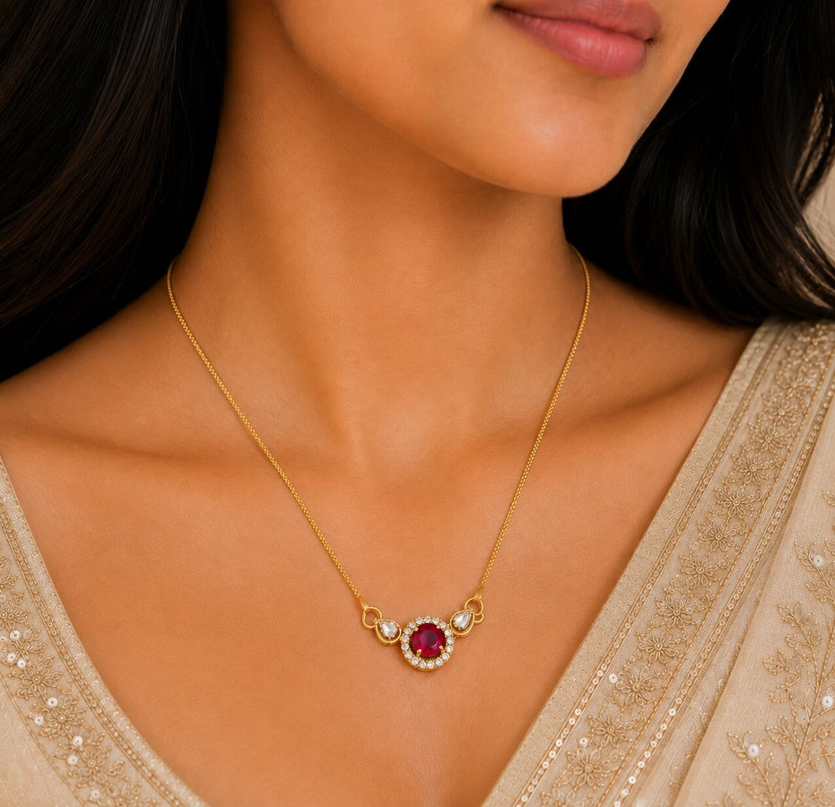 Round Ruby Pendant Necklace with Teardrop CZ Accents