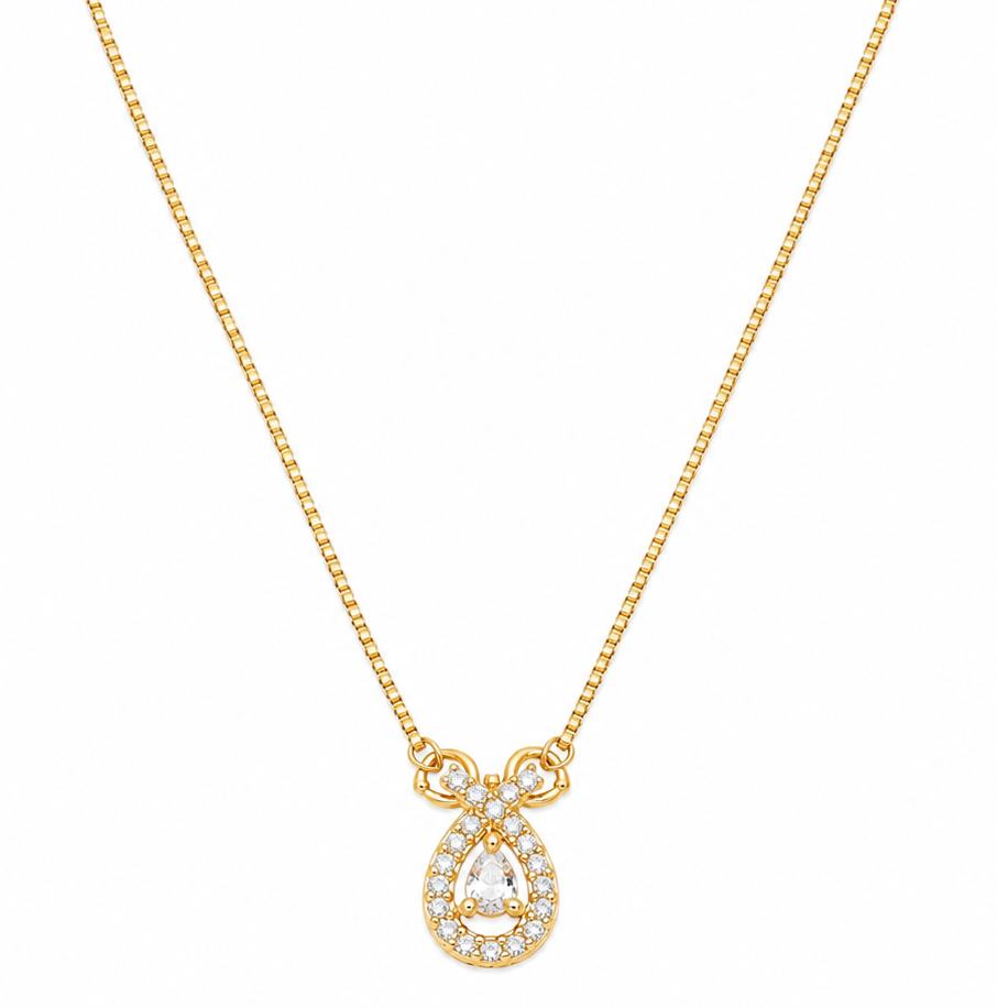 Dainty Teardrop Crystal Pendant Necklace with CZ Stone Detailing