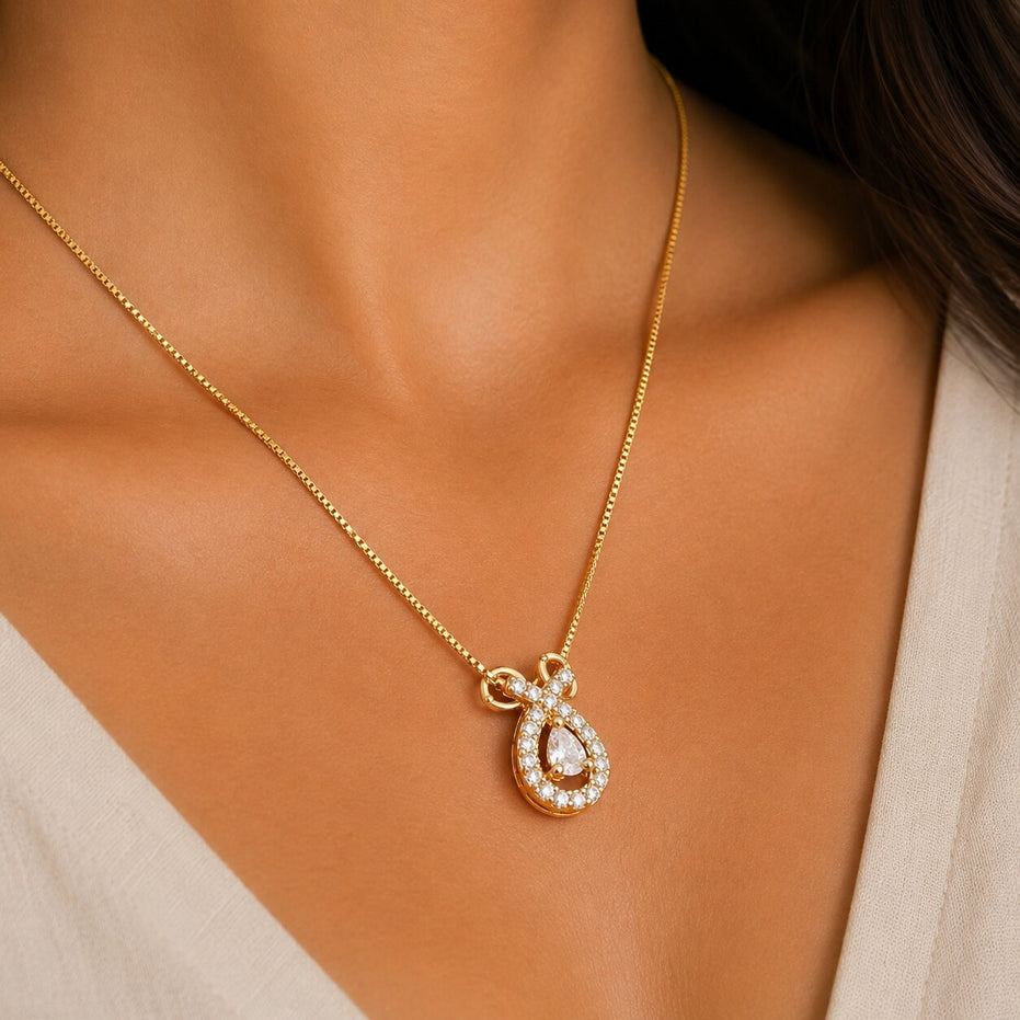 Dainty Teardrop Crystal Pendant Necklace with CZ Stone Detailing