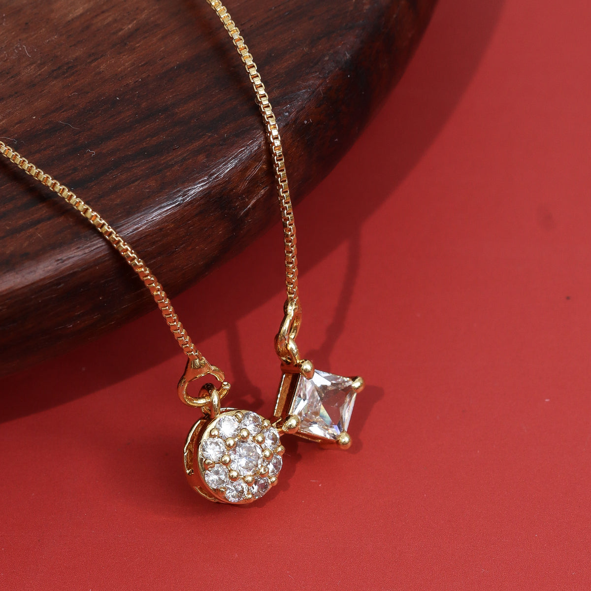 Elegant Dual Crystal Pendant Necklace with Round CZ & Princess Cut Stone