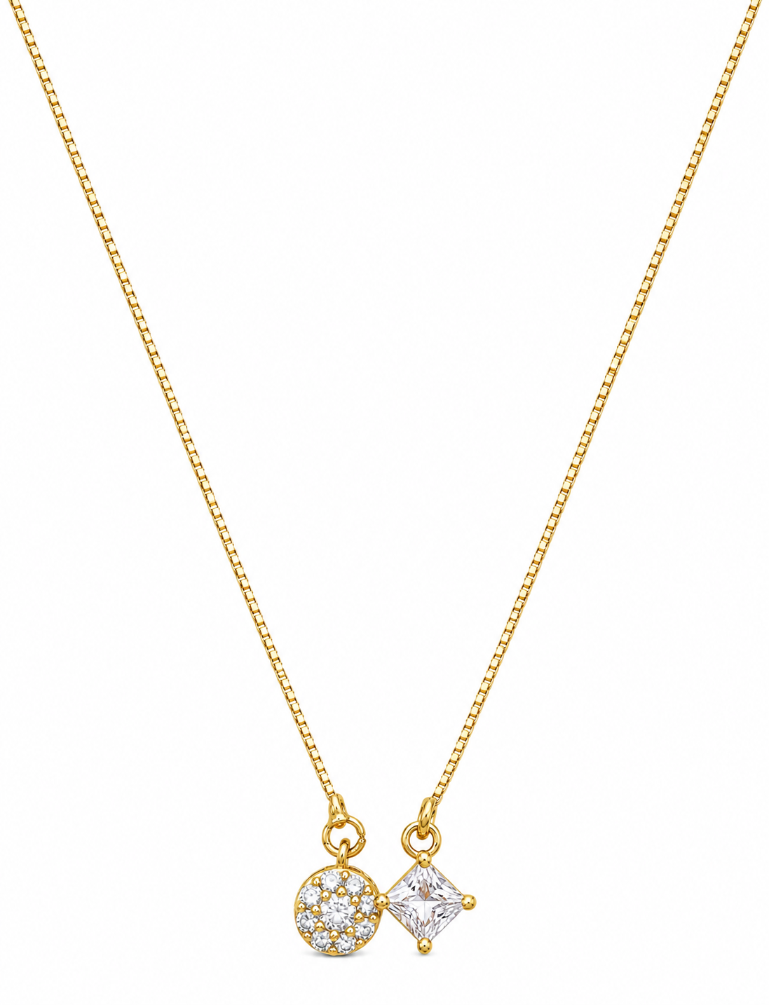 Elegant Dual Crystal Pendant Necklace with Round CZ & Princess Cut Stone
