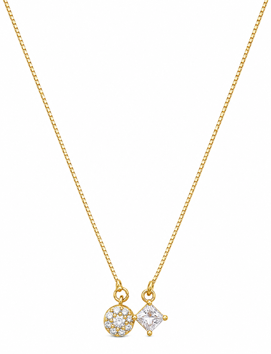 Elegant Dual Crystal Pendant Necklace with Round CZ & Princess Cut Stone