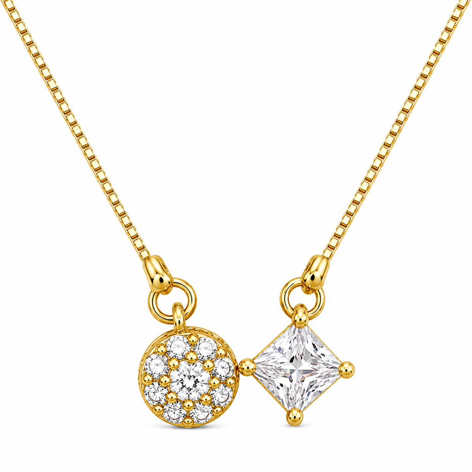 Elegant Dual Crystal Pendant Necklace with Round CZ & Princess Cut Stone