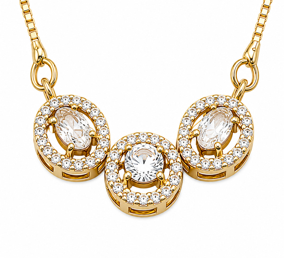 Triple Oval Crystal Pendant Necklace with Sparkling CZ Stonework