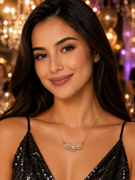Triple Oval Crystal Pendant Necklace with Sparkling CZ Stonework
