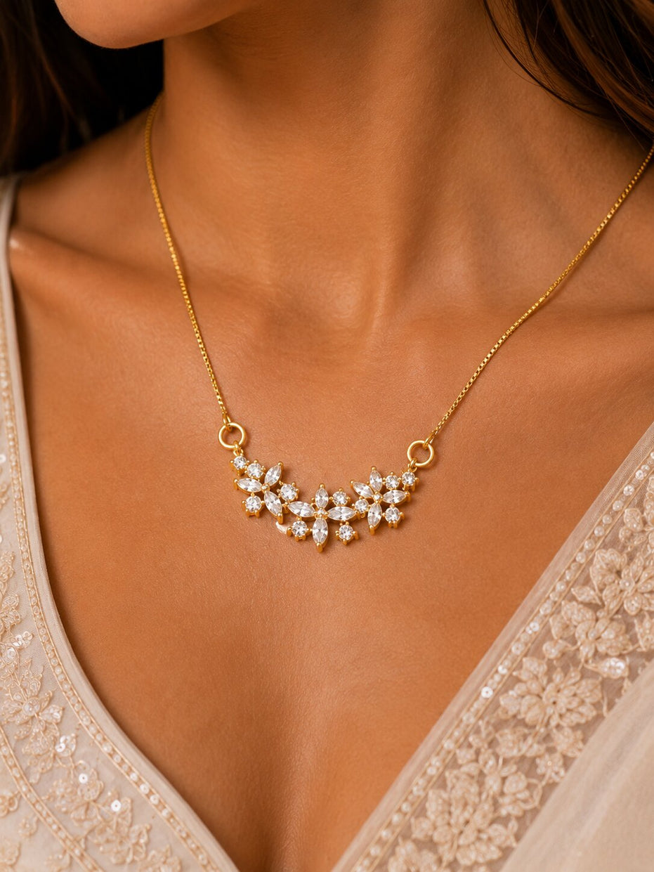 Elegant Floral CZ Necklace with Marquise Crystal Cluster Pendant