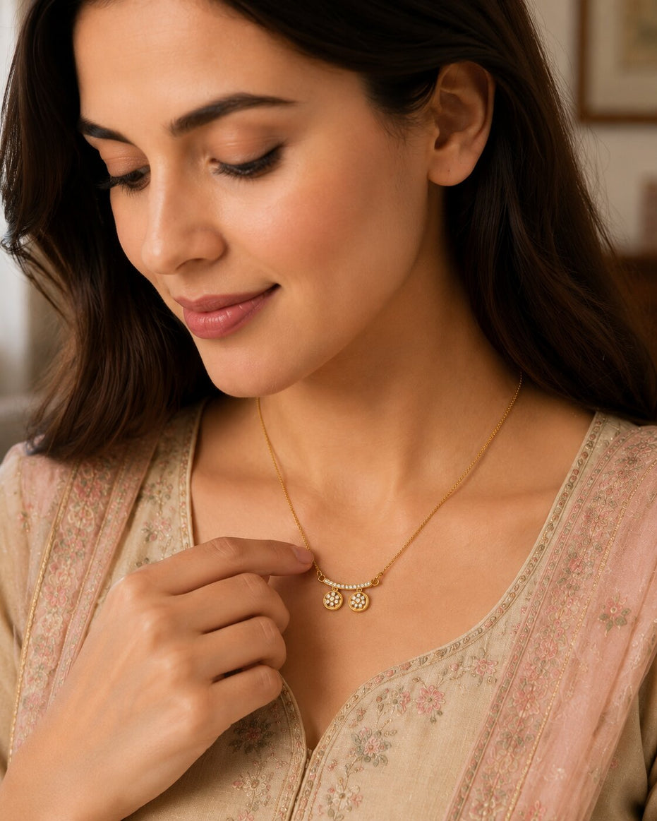 Stylish Twin Pendant Necklace with Crystal-Studded Bar Design