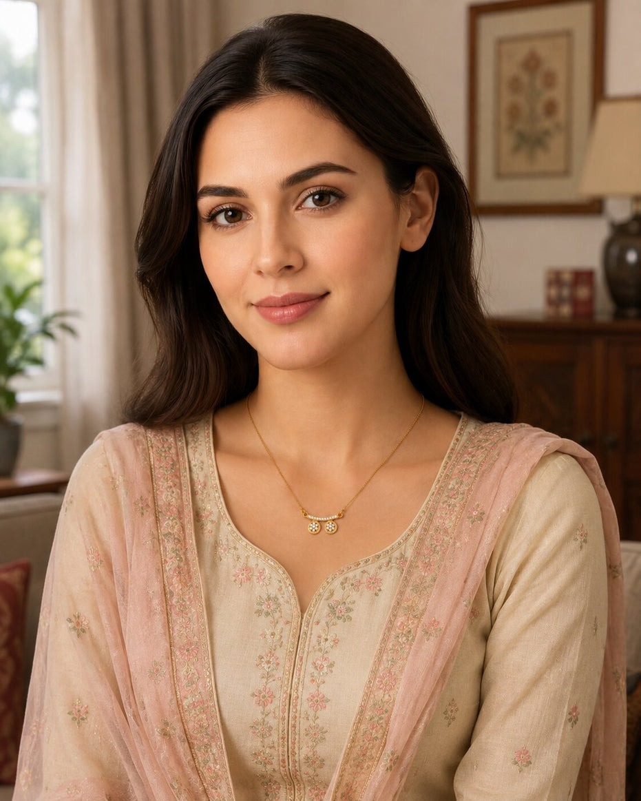 Stylish Twin Pendant Necklace with Crystal-Studded Bar Design