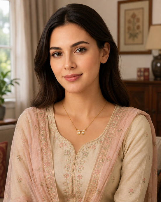 Stylish Twin Pendant Necklace with Crystal-Studded Bar Design