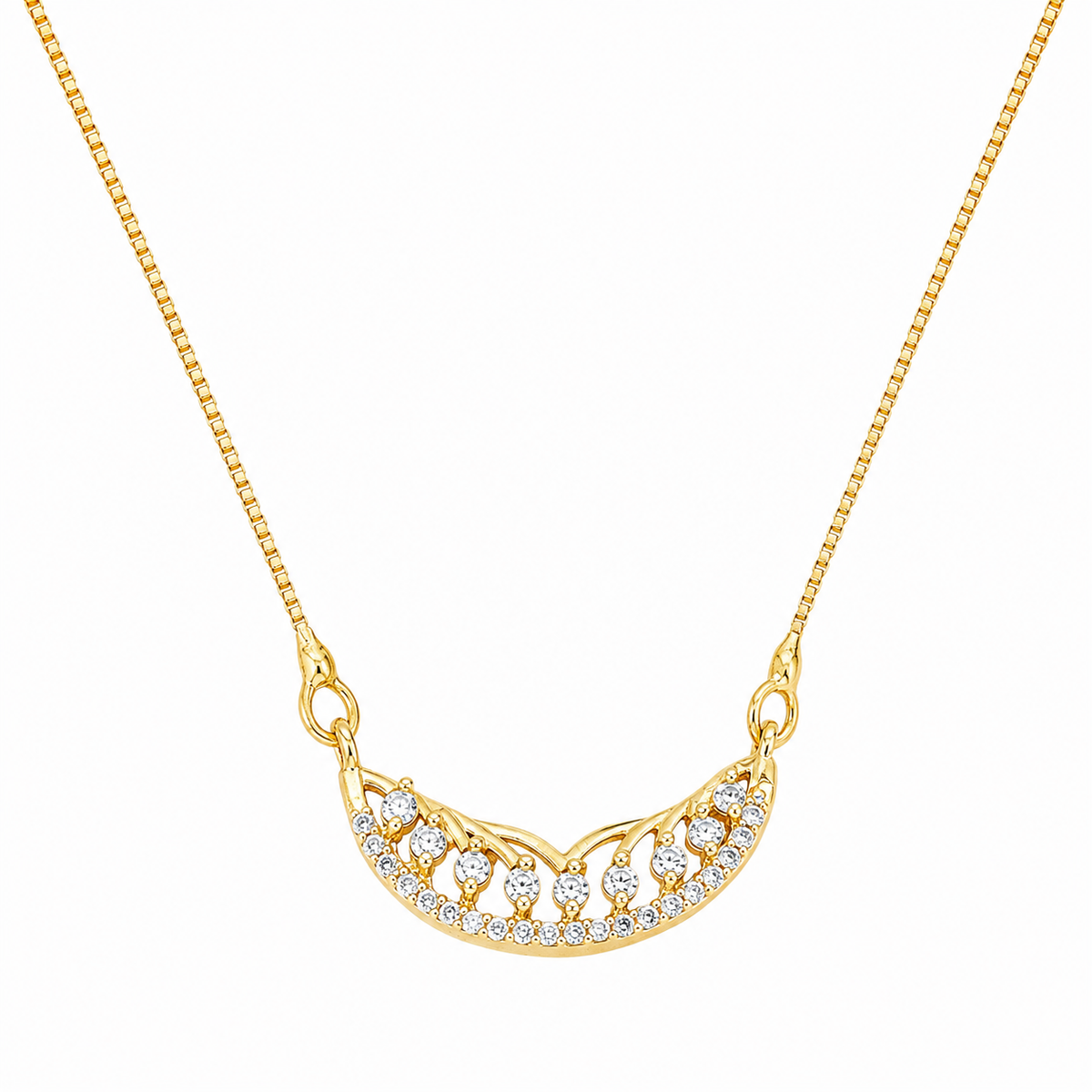 Stylish Half-Moon CZ Pendant Necklace with Sparkling Stone Accents