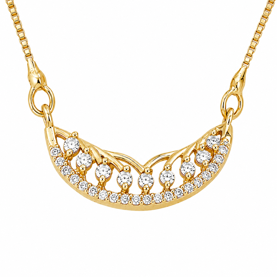 Stylish Half-Moon CZ Pendant Necklace with Sparkling Stone Accents