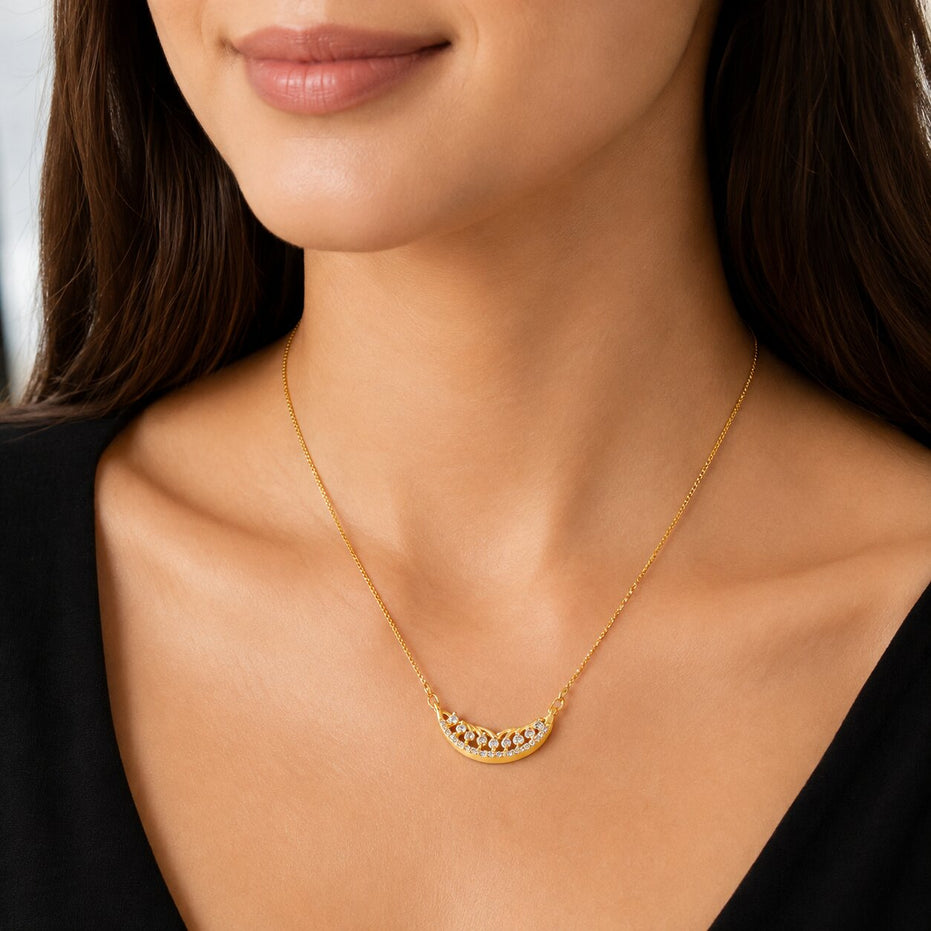 Stylish Half-Moon CZ Pendant Necklace with Sparkling Stone Accents