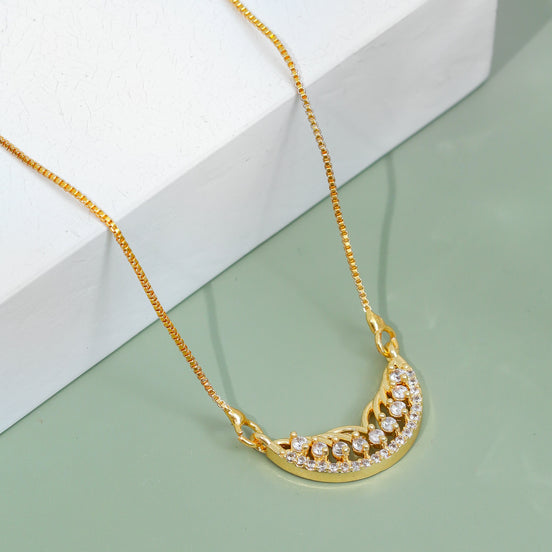 Stylish Half-Moon CZ Pendant Necklace with Sparkling Stone Accents