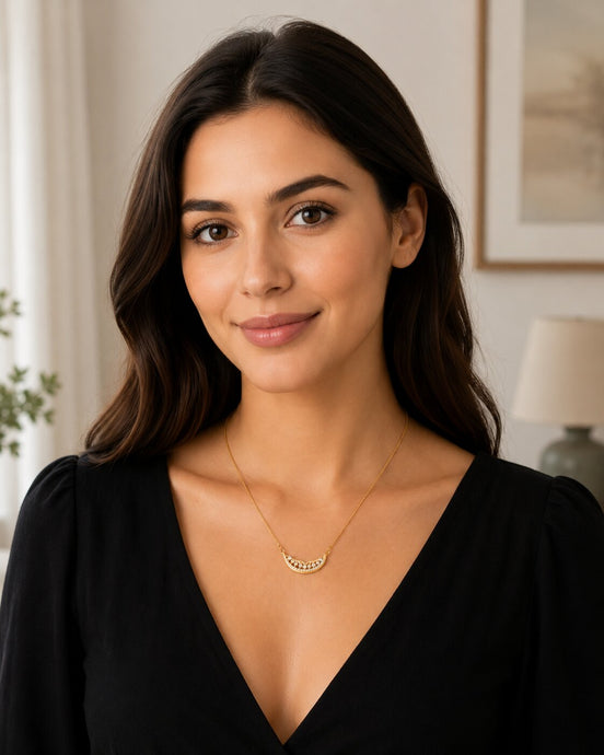 Stylish Half-Moon CZ Pendant Necklace with Sparkling Stone Accents