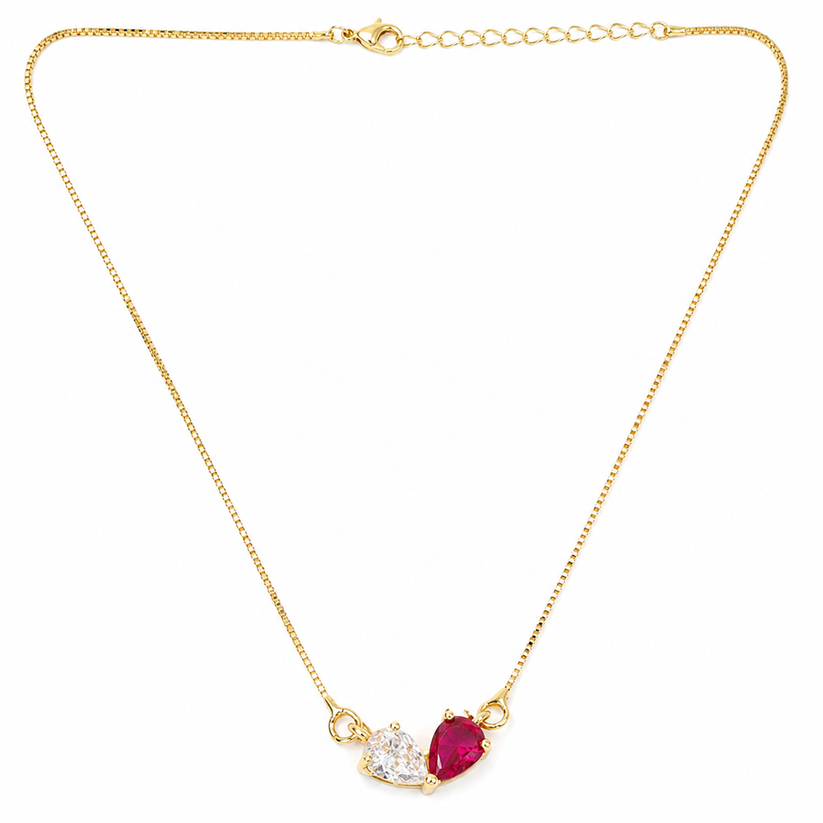 Stylish Double Heart Crystal Pendant Necklace with Red Gemstone Accent