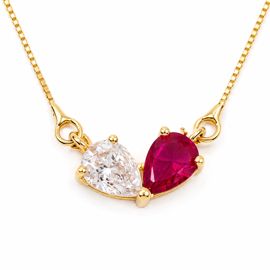 Stylish Double Heart Crystal Pendant Necklace with Red Gemstone Accent